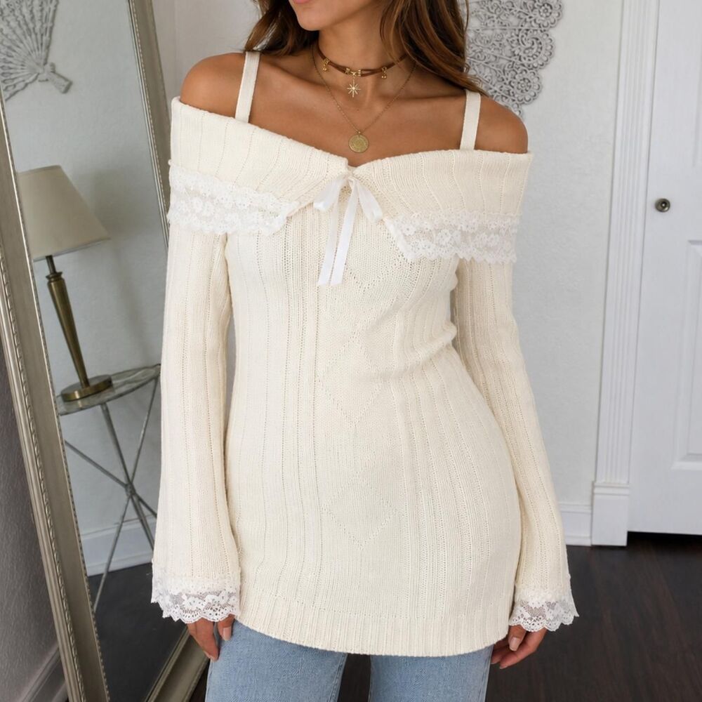 Kawaii Babe Cream Lace Trim Coquette Knit Off-Shoulder Mini Sweater / Dress M - Picture 1 of 8